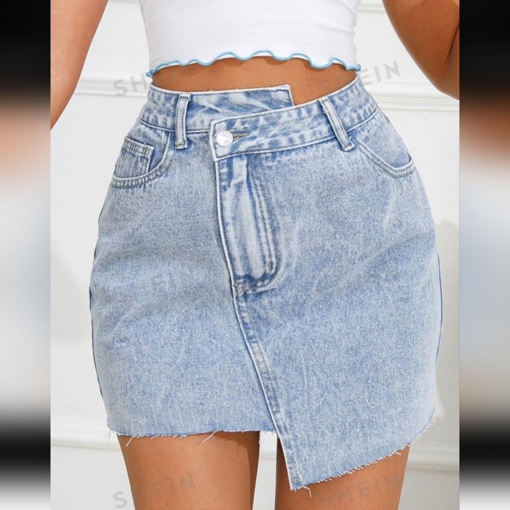 2/20$ Shein light blue washed asymmetric mini jeans skirt, size XS